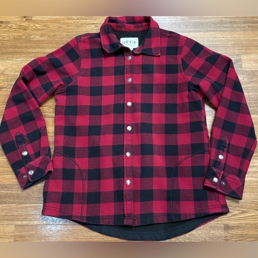 Orvis buffalo check fleece lined pinnacle shirt chore  jacket pockets snaps med